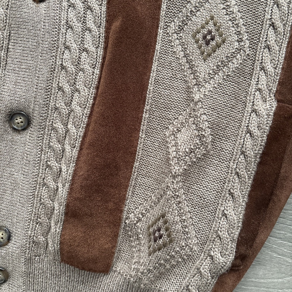 VTG Norm Thompson Mens L Cosby Leather Wool Cable Knit Cardigan Sweater Italy - Picture 14 of 16